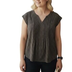 Coldwater Creek Womens 1X Brown Geometric Print V Neck Sleeveless Top Shirt